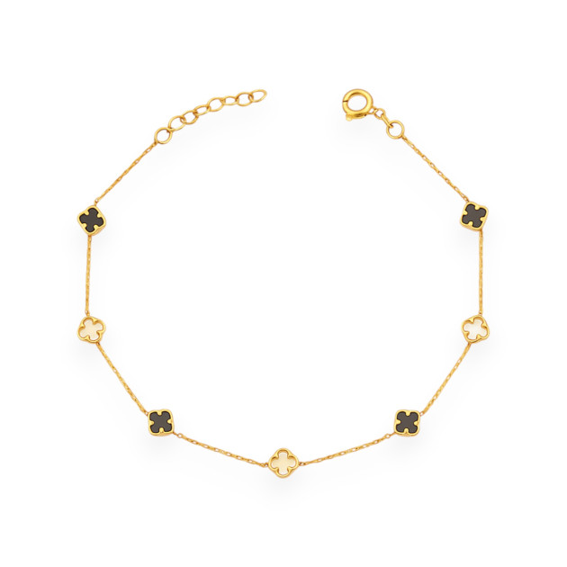 KL-585-BR-94 - Bransoletka złota z masą perłową i onyksem - koniczynki
