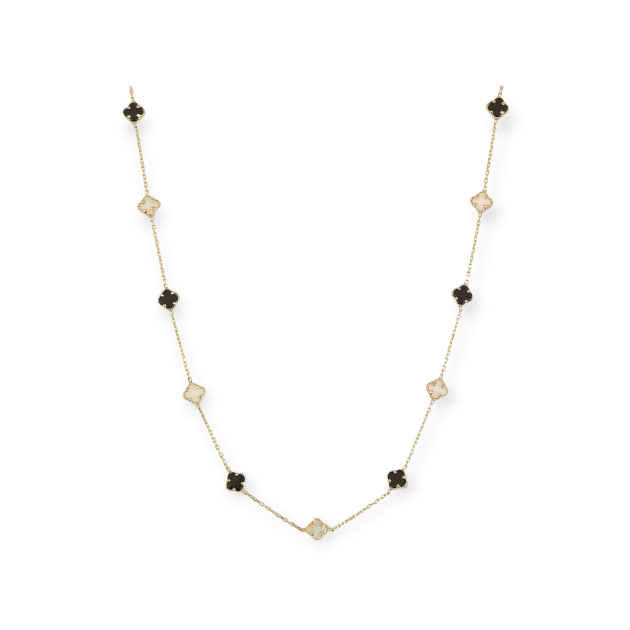KL-585-NA-18 - Naszyjnik złoty z onyksem i masą perłową - koniczynki
