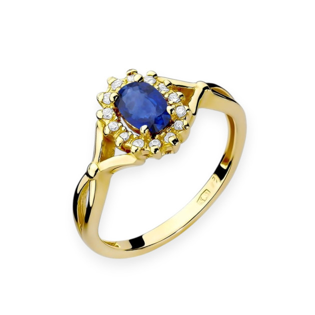 W182 - Pierścionek złoty z diamentami i szafirem