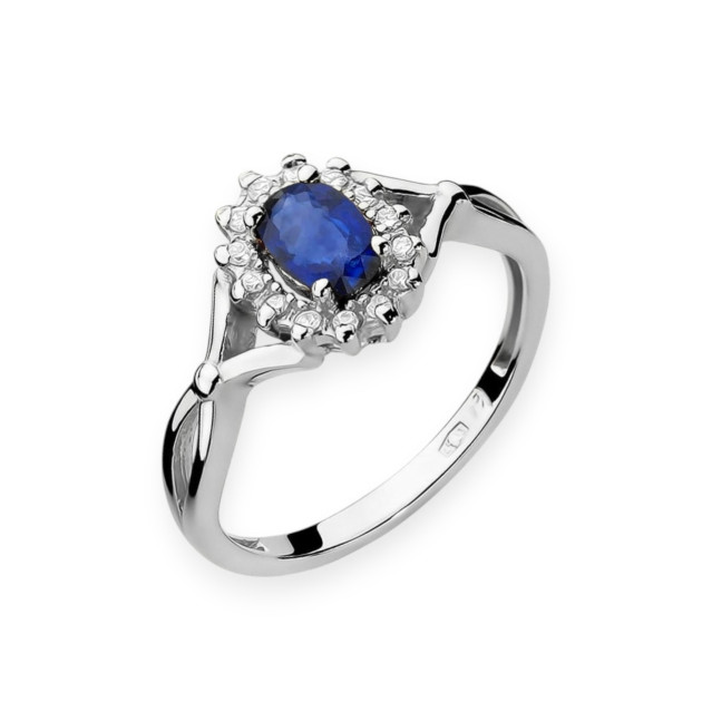 W182 B - Pierścionek złoty z diamentami i szafirem 