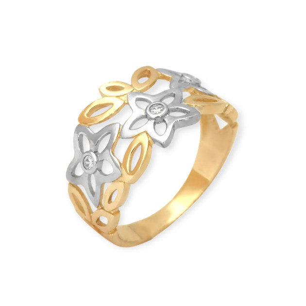 BA-585-PI-119 - Pierścionek złoty z cyrkoniami - kwiatki
