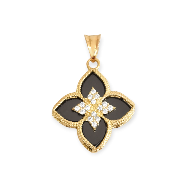 KL-585-ZA-257 - Zawieszka złota z onyksem i cyrkoniami - kwiatek