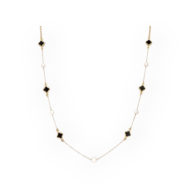 KL-585-NA-23 - Naszyjnik złoty z perłami i onyksem - koniczynki
