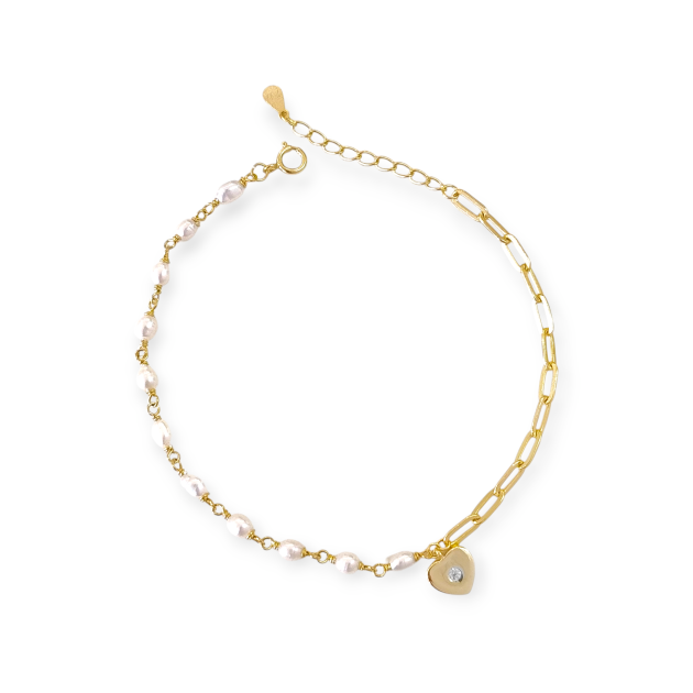 AZ-925-BR-106 - Bransoletka pozłacana z perłami i cyrkonią - serce