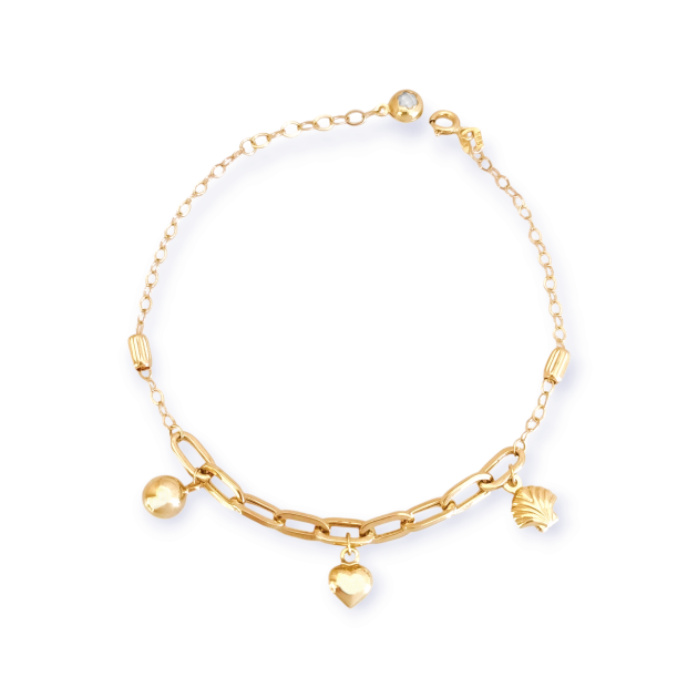 GE-585-BR-61 - Bransoletka złota z cyrkonią - kulka, serce, muszelka