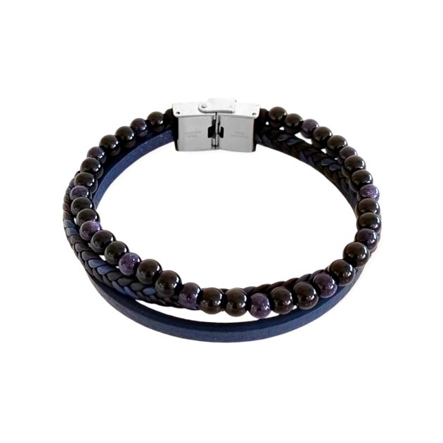 B228' - Bransoletka ze stali szlachetnej i skóry z kamieniami szklanymi