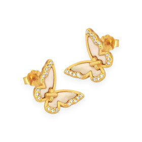 JO-925-KO-13 - Kolczyki pozłacane z masą perłową i cyrkoniami - motylki