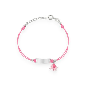 PX-925-BR-123 - Bransoletka srebrna słonik z emalią i blaszką na różowym sznurku