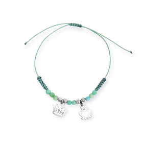 BA-925-BR-41 - Bransoletka srebrna na sznurku z koroną i żabką oraz amazonitami