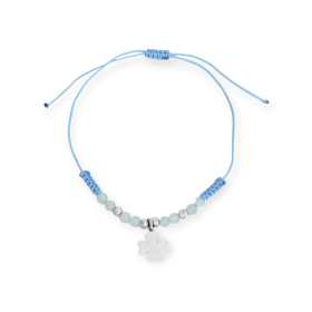BA-925-BR-42 - Bransoletka srebrna na sznurku z koniczynką i akwamarynem