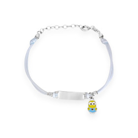 BA-925-BR-49 - Bransoletka srebrna na błękitnym sznurku z minionkiem i blaszką pod grawer