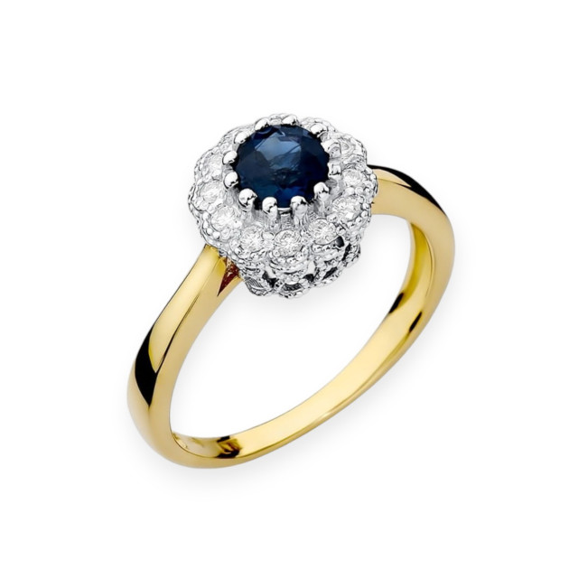 W0284 - Pierścionek z żółtego złota z diamentami i szafirem