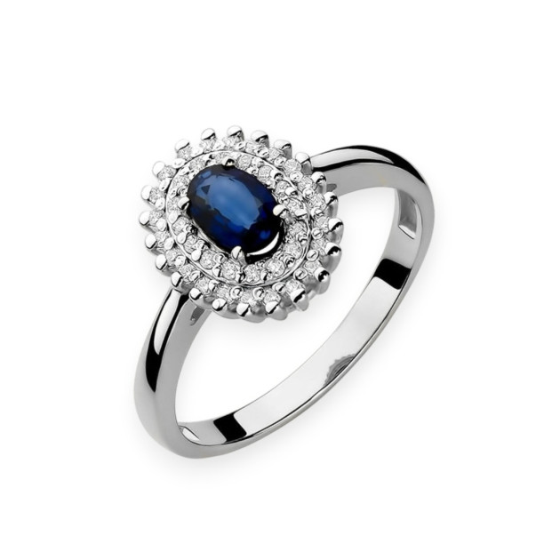 W0303 B - Pierścionek z białego złota z diamentami i szafirem