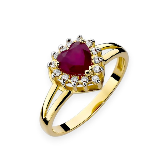 W0310 - Pierścionek złoty z diamentami i rubinem - serce