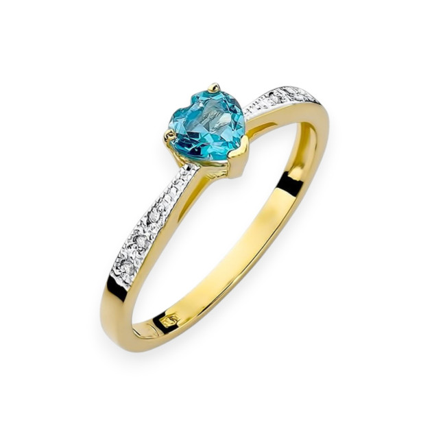 W065 - Pierścionek złoty z diamentami i topazem - serce