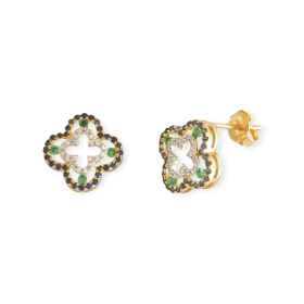 LA-585-KO-1 - Kolczyki złote z diamentami, szmaragdem i szafirem - koniczynki